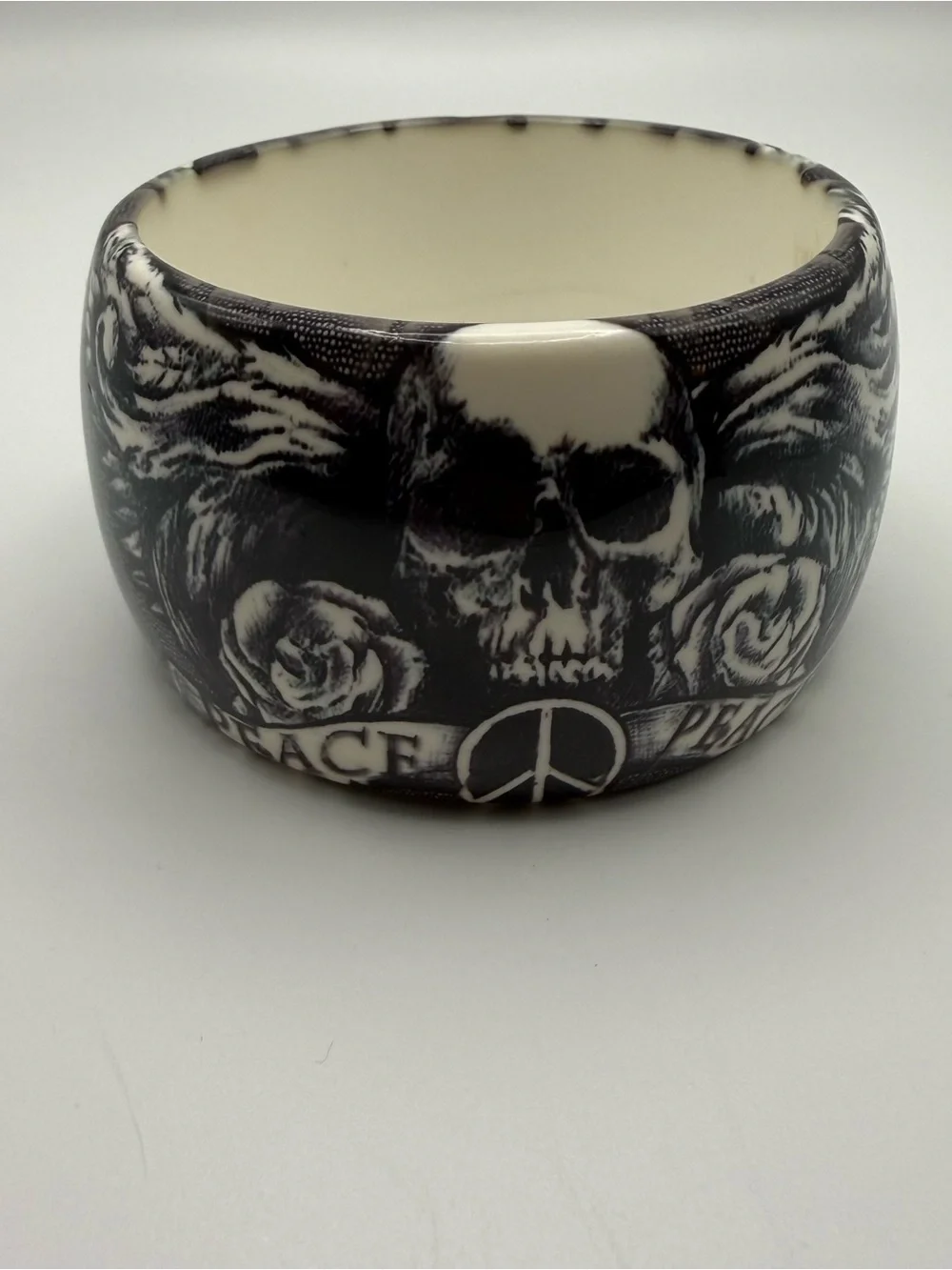 Ed Hardy Hope Peace Skull Rose Wide Bangle Bracelet Black White Y2K Tattoo